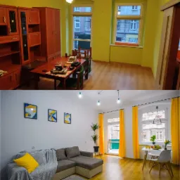 Porównanie pokoju przed i po remoncie: górna część ukazuje wnętrze z zielonymi ścianami, brązowymi meblami i stołem z krzesłami, dolna część prezentuje odnowione wnętrze z białymi ścianami, szarą...