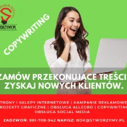 Uśmiechnięta kobieta z laptopem na tle grafiki reklamującej usługi copywritingowe firmy z Siedlec, z logo Stworzymy.pl w lewym górnym rogu.