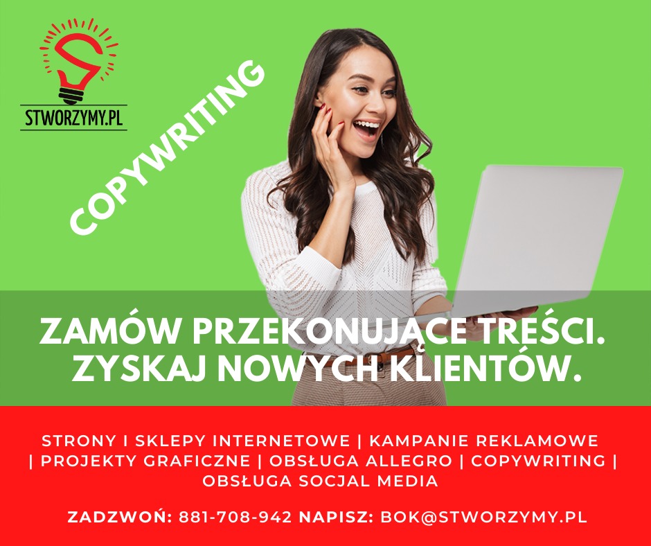 Uśmiechnięta kobieta z laptopem na tle grafiki reklamującej usługi copywritingowe firmy z Siedlec, z logo Stworzymy.pl w lewym górnym rogu.