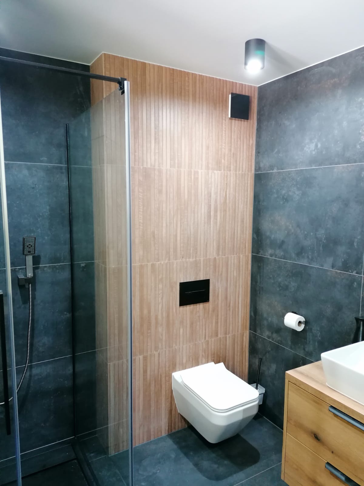 Nowoczesna łazienka z kabiną prysznicową typu walk-in, wiszącą toaletą i umywalką na drewnianej szafce. Ściany wyłożone płytkami w odcieniach szarości i drewna.