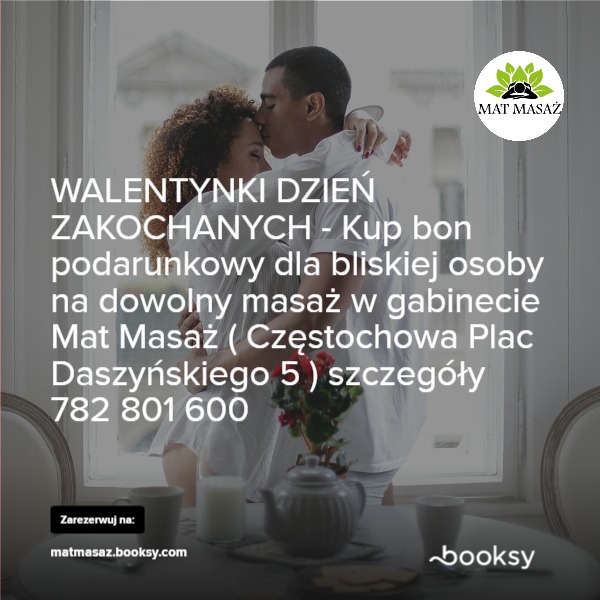 Walentynkowy bon podarunkowy na masaż dla dwojga w gabinecie Mat Masaż w Częstochowie. Zakochaną parę otula blask porannego słońca.