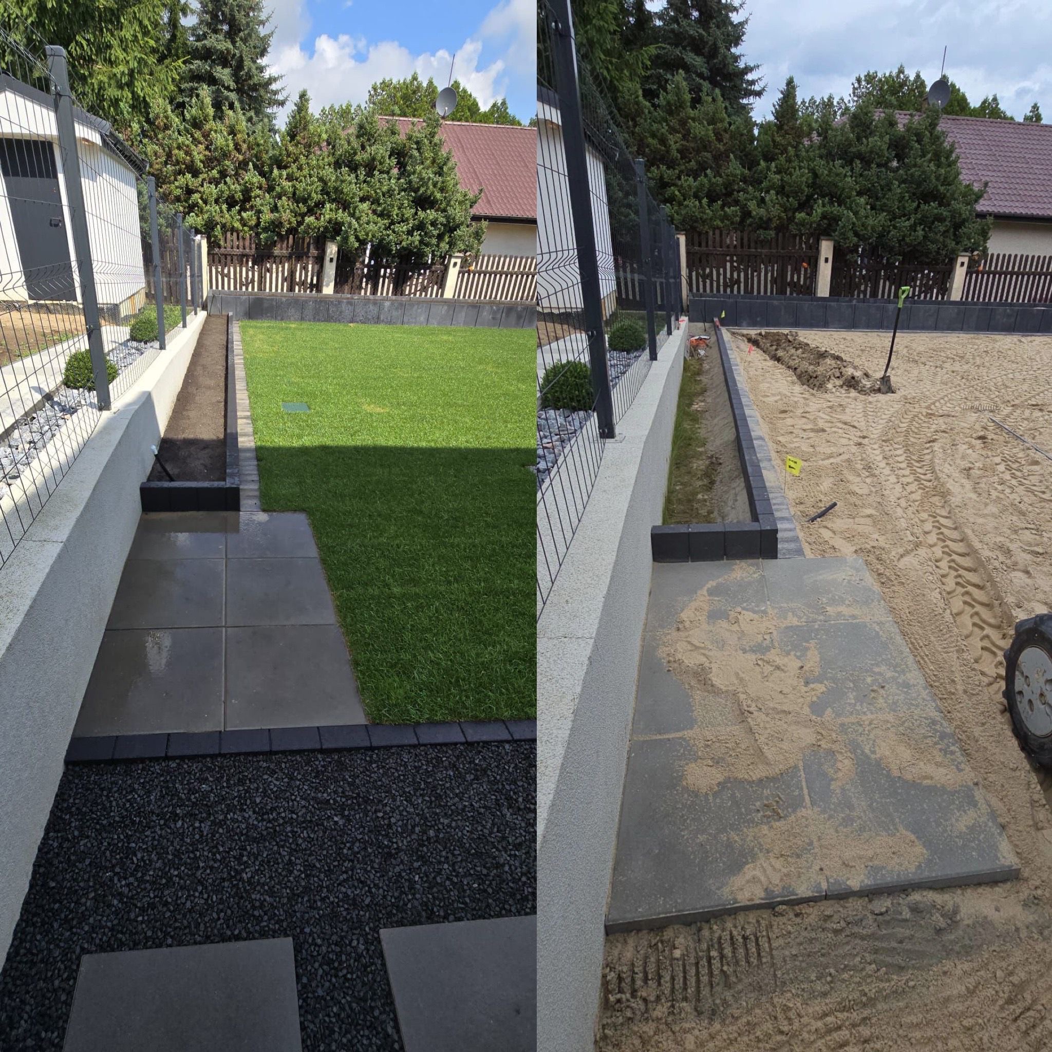 Porównanie stanu działki przed i po: po lewej stronie trawnik z wybrukowanym chodnikiem i czarnym żwirem, po prawej stronie teren przygotowany pod trawnik z widocznymi śladami opon i wykopanym rowem.
