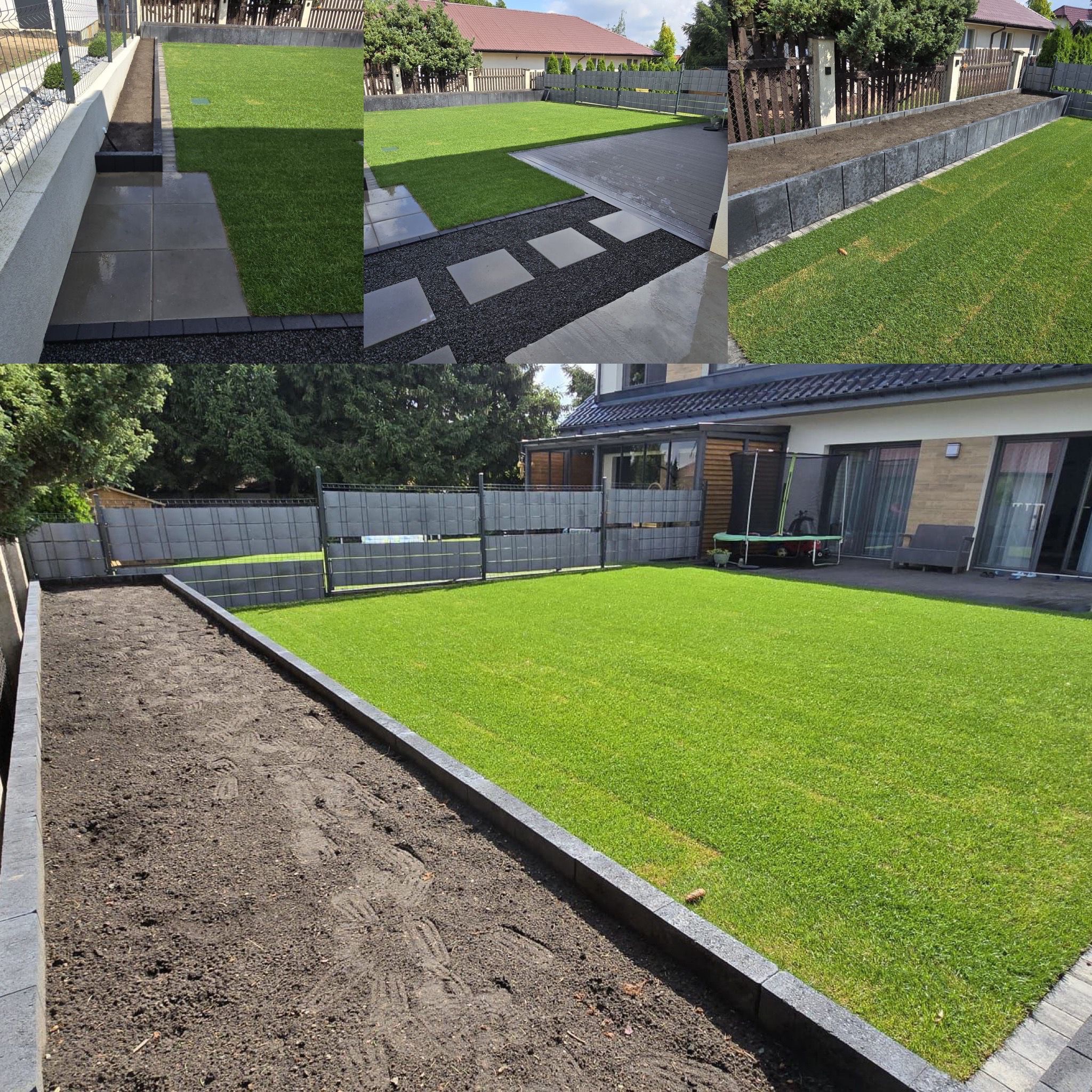 Nowoczesny ogród z fragmentami trawnika, ścieżką z płyt i grysu, oraz przygotowanym miejscem pod nasadzenia, ogrodzony panelami.