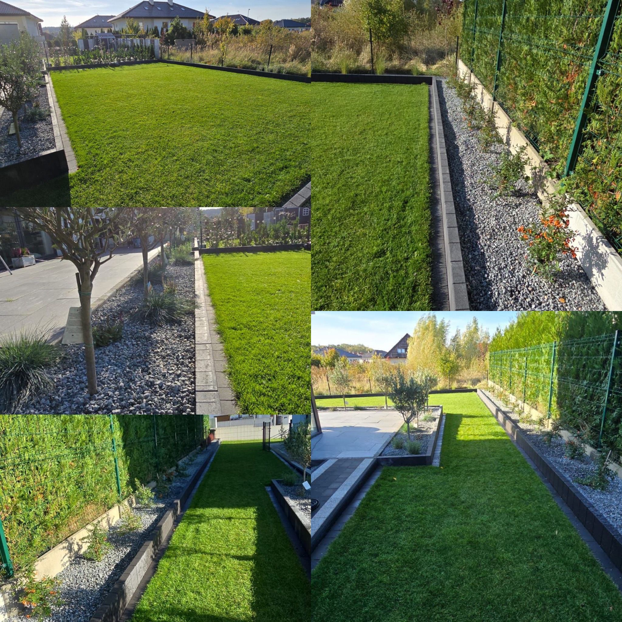 Widok z góry na zadbany trawnik z rolki, obrzeża z kostki, szpaler roślin wzdłuż ogrodzenia i wysypany kamieniem obszar z młodymi drzewkami.