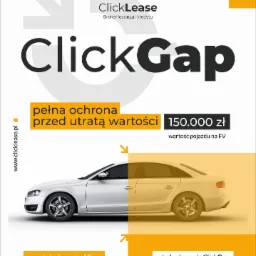 Grafika reklamowa ClickLease i ClickGap prezentująca biały samochód podzielony kolorystycznie, z informacją o pełnej ochronie przed utratą wartości, odszkodowaniu AC i odszkodowaniu ClickGap...