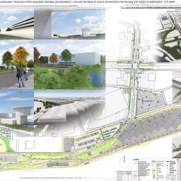 TEMAX Sp. Z O.O. - Plan zagospodarowania terenu stacji techniczno-postojowej metra, z wizualizacjami budynków administracyjnych, hal elektrowozowni, parkingu i zieleni, przedstawiony w formie rysunku technicznego...