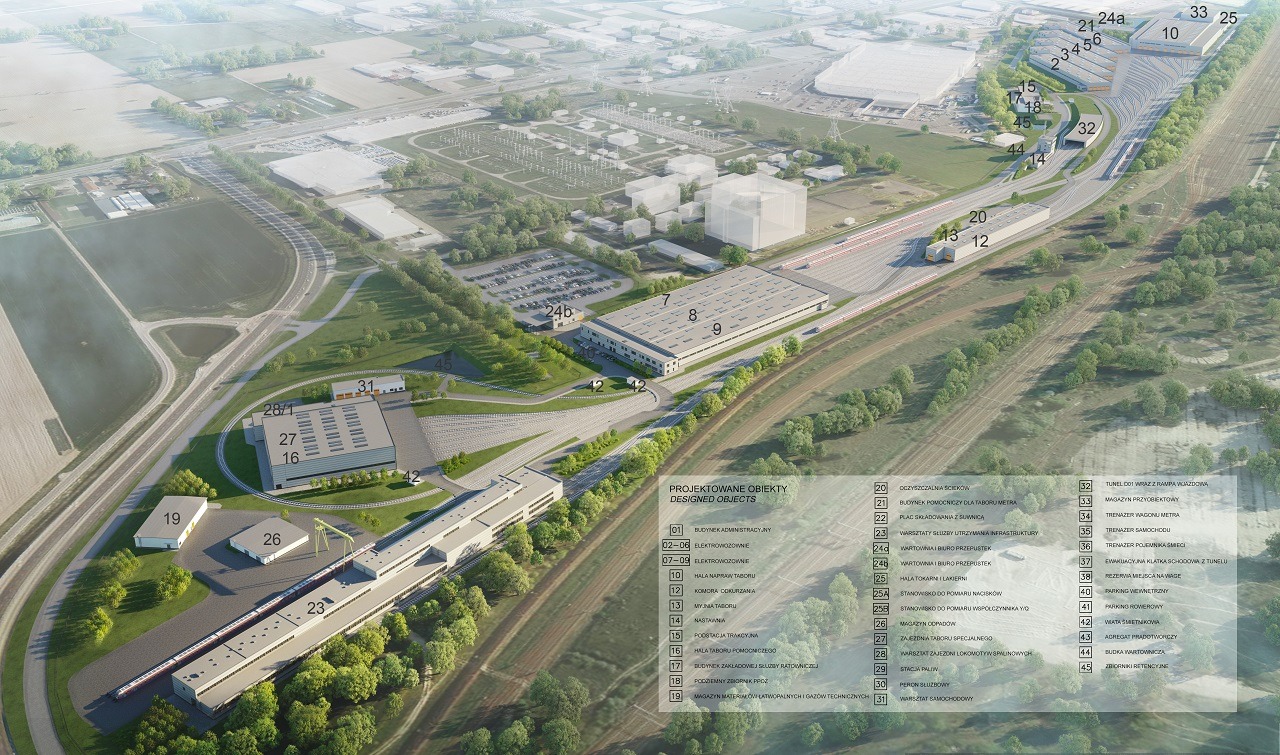 Wizualizacja z lotu ptaka przedstawiająca kompleks budynków przemysłowych i infrastruktury kolejowej, z zaznaczonymi numerami identyfikacyjnymi obiektów i legendą, ukazująca plan zagospodarowania...