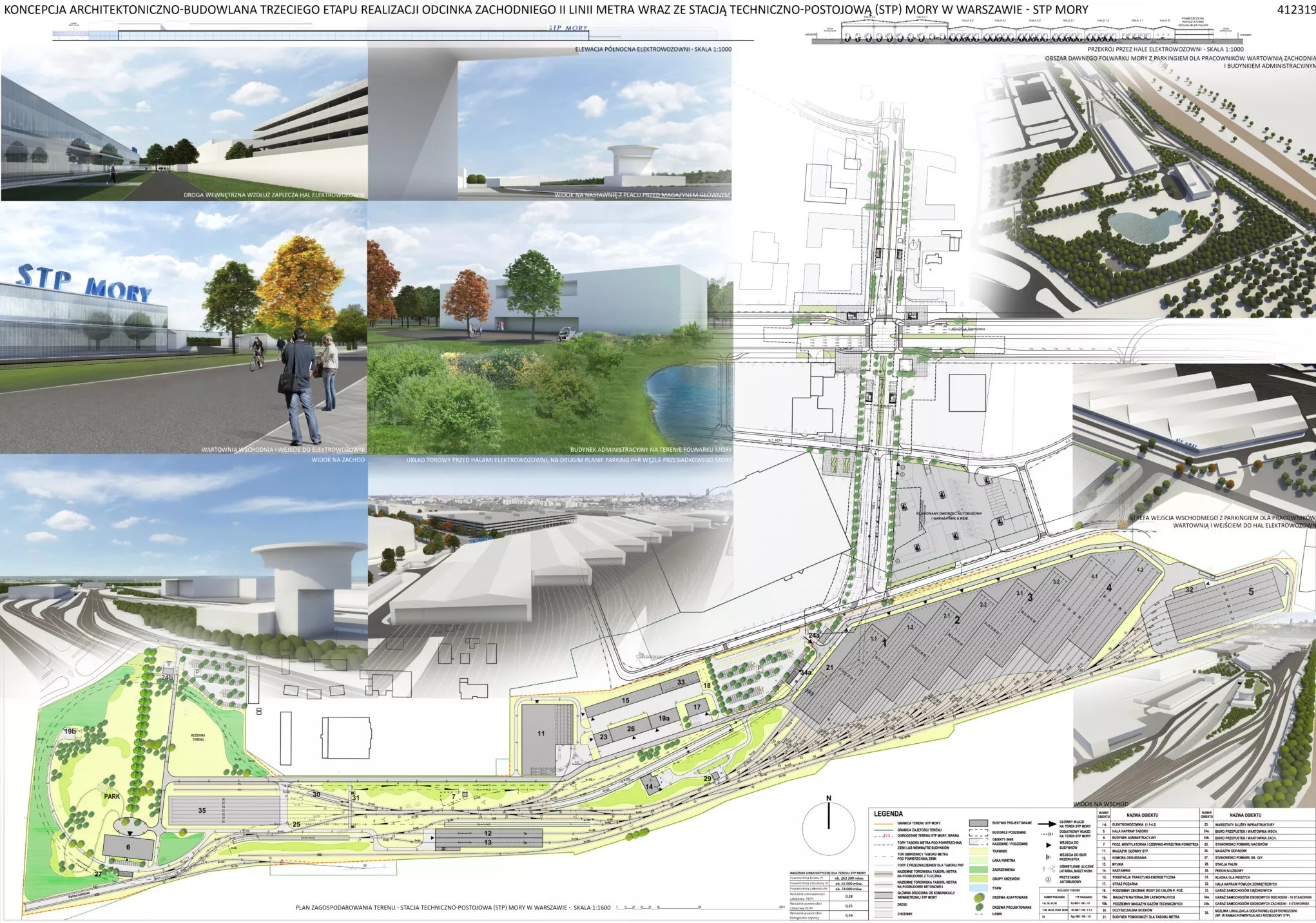 Plan zagospodarowania terenu stacji techniczno-postojowej metra, z wizualizacjami budynków administracyjnych, hal elektrowozowni, parkingu i zieleni, przedstawiony w formie rysunku technicznego...