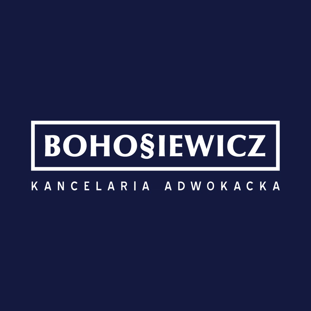 Logo kancelarii prawnej Bohosiewicz na granatowym tle, z nazwą firmy w białej ramce i napisem 'Kancelaria Adwokacka' poniżej.