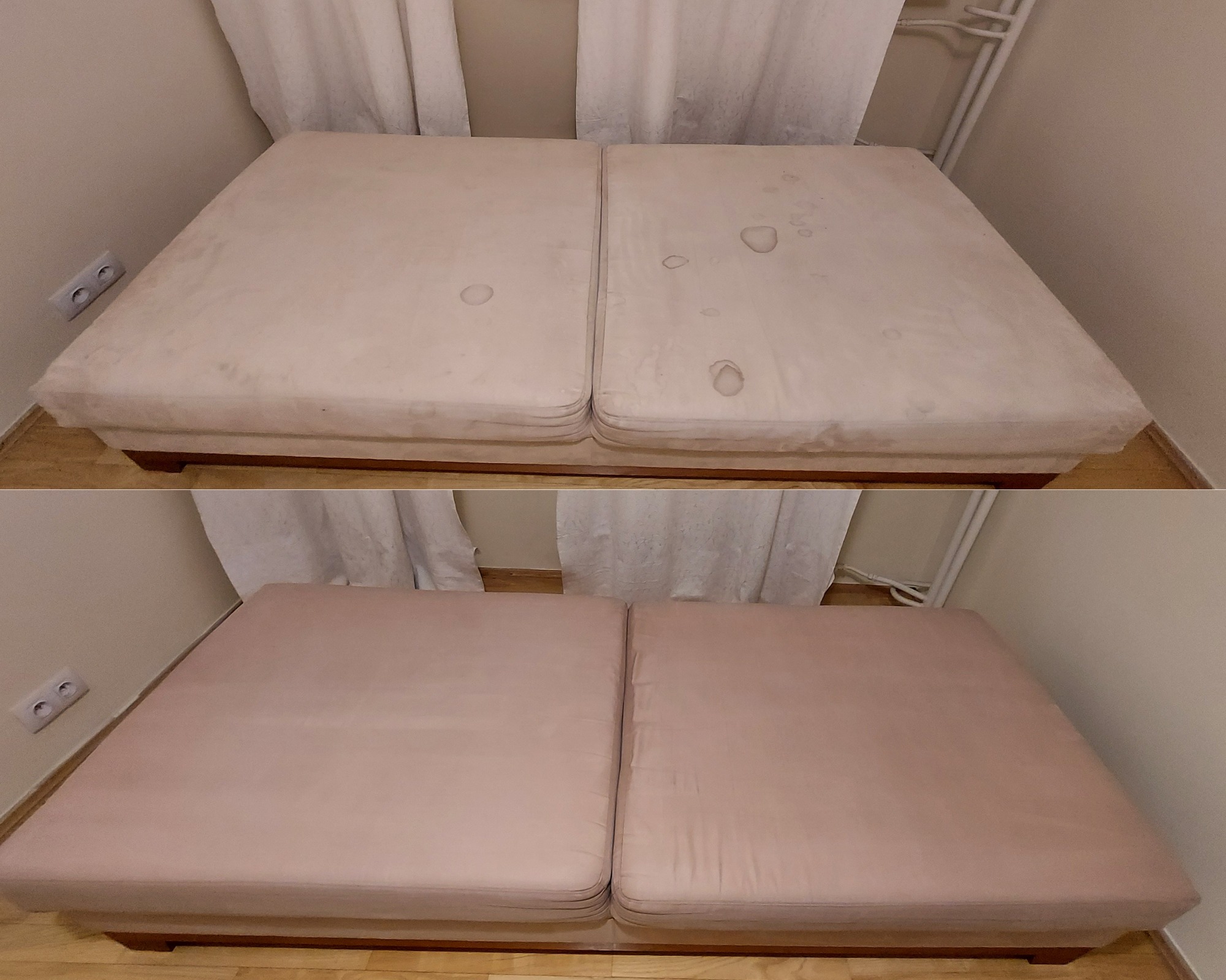 Dwu-częściowy materac przed i po czyszczeniu, widoczne plamy usunięte, różnica w kolorze i fakturze.