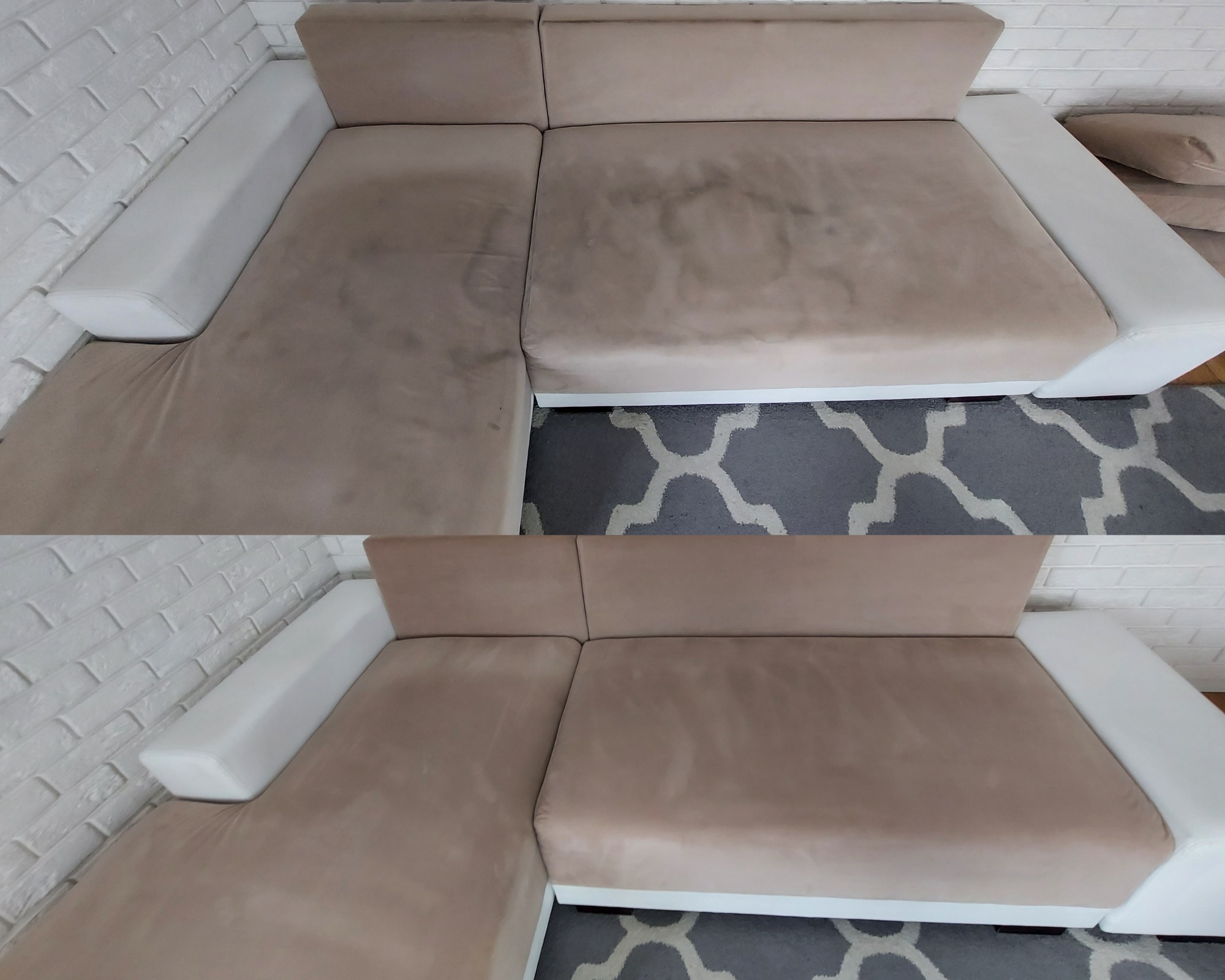 Dwuczęściowe ujęcie beżowej kanapy z białymi bokami, prezentujące efekt czyszczenia: widoczna różnica między zabrudzoną a wyczyszczoną częścią tapicerki.