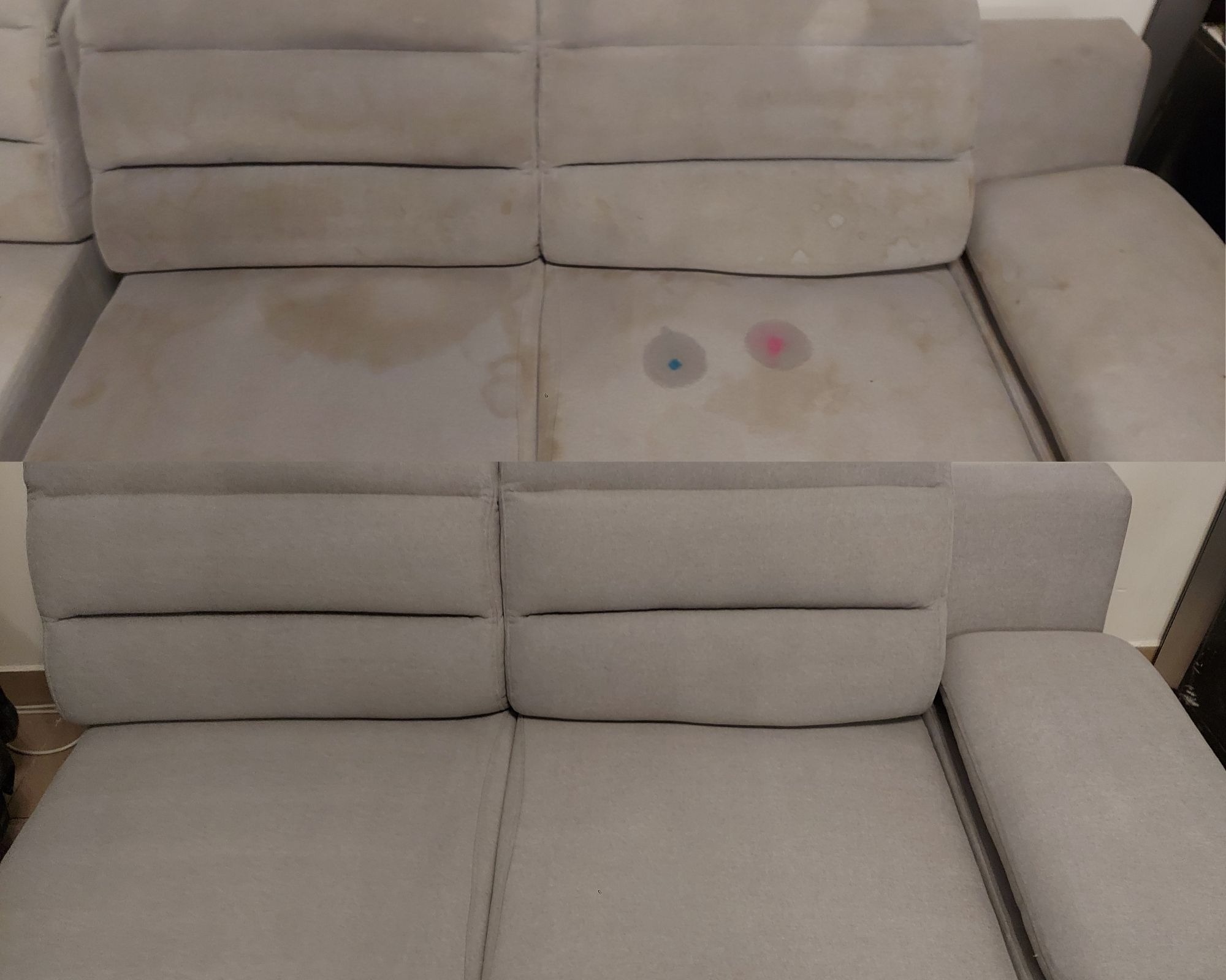 Dwuetapowe ujęcie prania szarej, modułowej kanapy: widoczne plamy po lewej stronie (z plamami po długopisie) i czysta tapicerka po prawej.