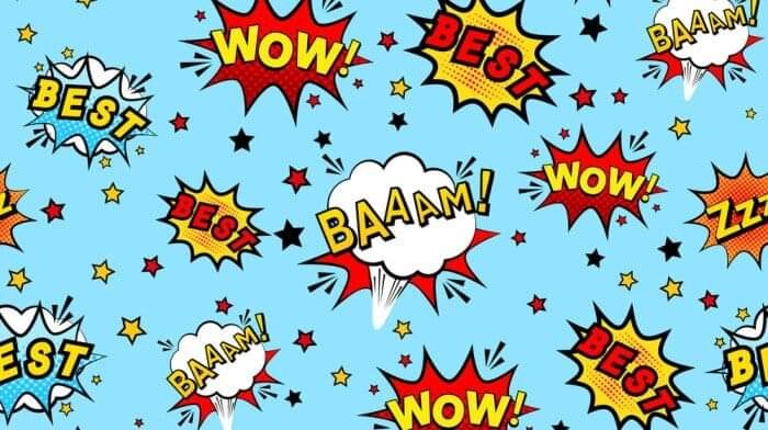 Powtarzalny wzór w stylu komiksowym na błękitnym tle, zawierający napisy 'WOW', 'BEST', 'BAAAM!' w kolorowych, wybuchowych dymkach i rozrzucone gwiazdki.