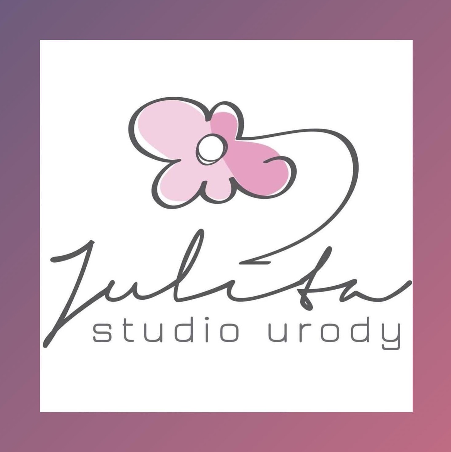 Logo studia urody Julita z stylizowaną różową kwiatową grafiką i nowoczesnym napisem na białym tle z gradientowym fioletowo-różowym obramowaniem.
