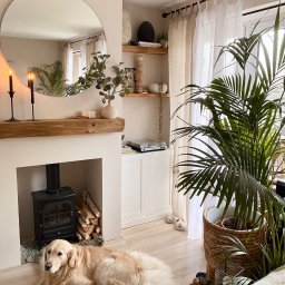 Robert Komenda - Jasne wnętrze salonu z kominkiem, drewnianą belką, okrągłym lustrem i psem Golden Retriever leżącym na futrzanym dywaniku, z roślinami w tle.
