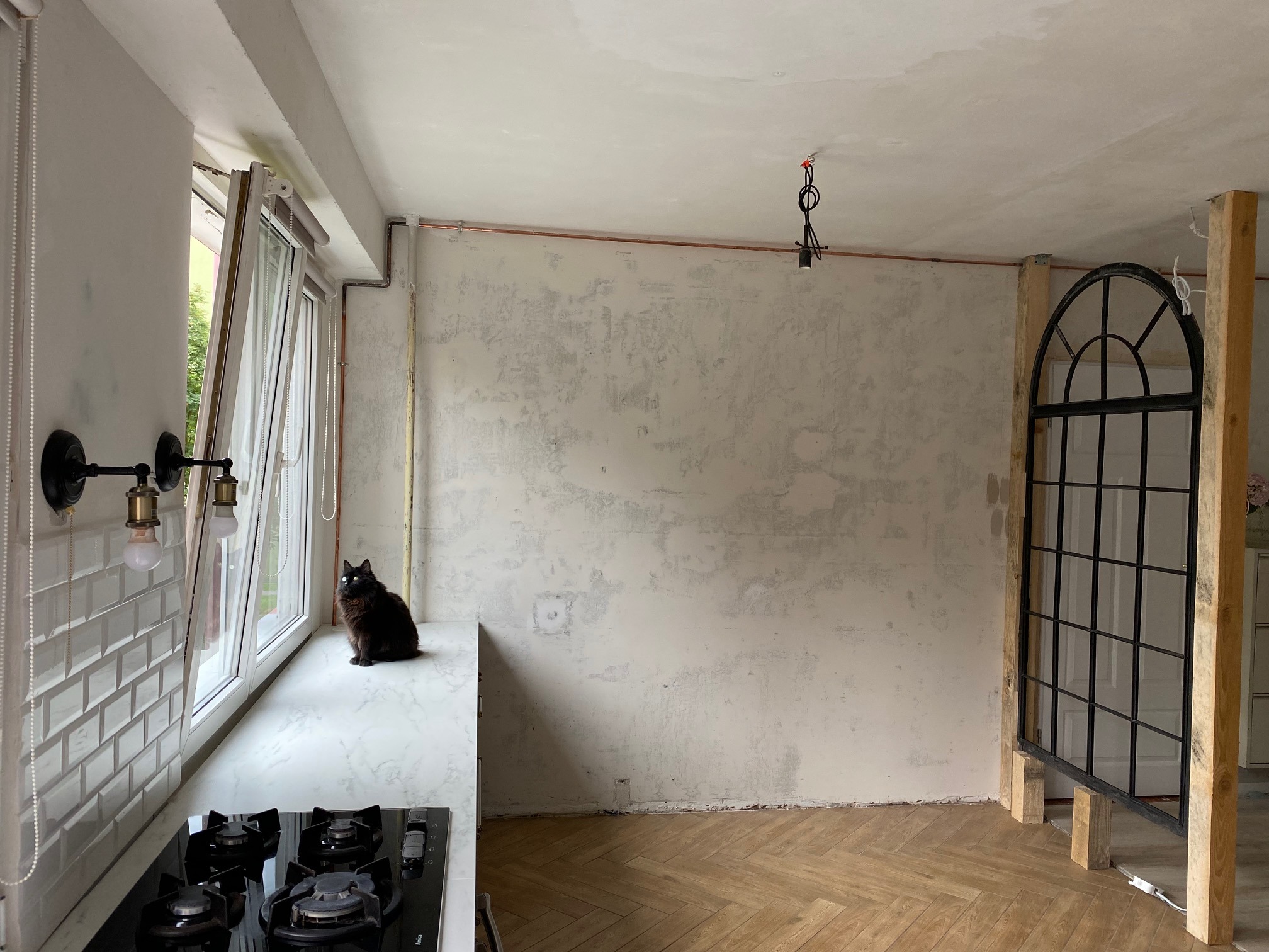 Pokój w trakcie remontu: ściany po szpachlowaniu, instalacja elektryczna na suficie, parkiet w jodełkę, czarny kot siedzący na blacie kuchennym przy oknie.
