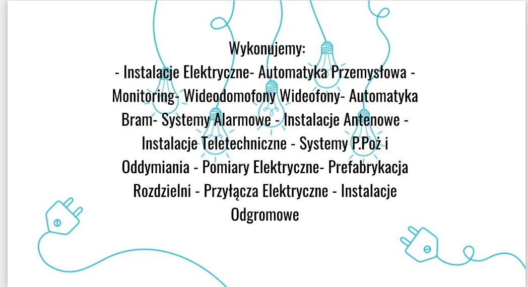Grafika reklamowa z listą usług elektrycznych i teletechnicznych, stylizowana na rysunek z żarówkami i wtyczkami.