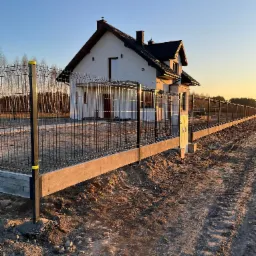 Nowoczesne ogrodzenie panelowe z czarnych paneli na betonowej podmurówce, otaczające dom jednorodzinny w słoneczny poranek.