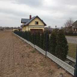 LuxPłot Piotr Szczygielski - Długa, ciemna siatka ogrodzeniowa z podmurówką imitującą cegłę, oddzielająca pole od posesji z żółtym domem i tujami, pochmurne niebo.