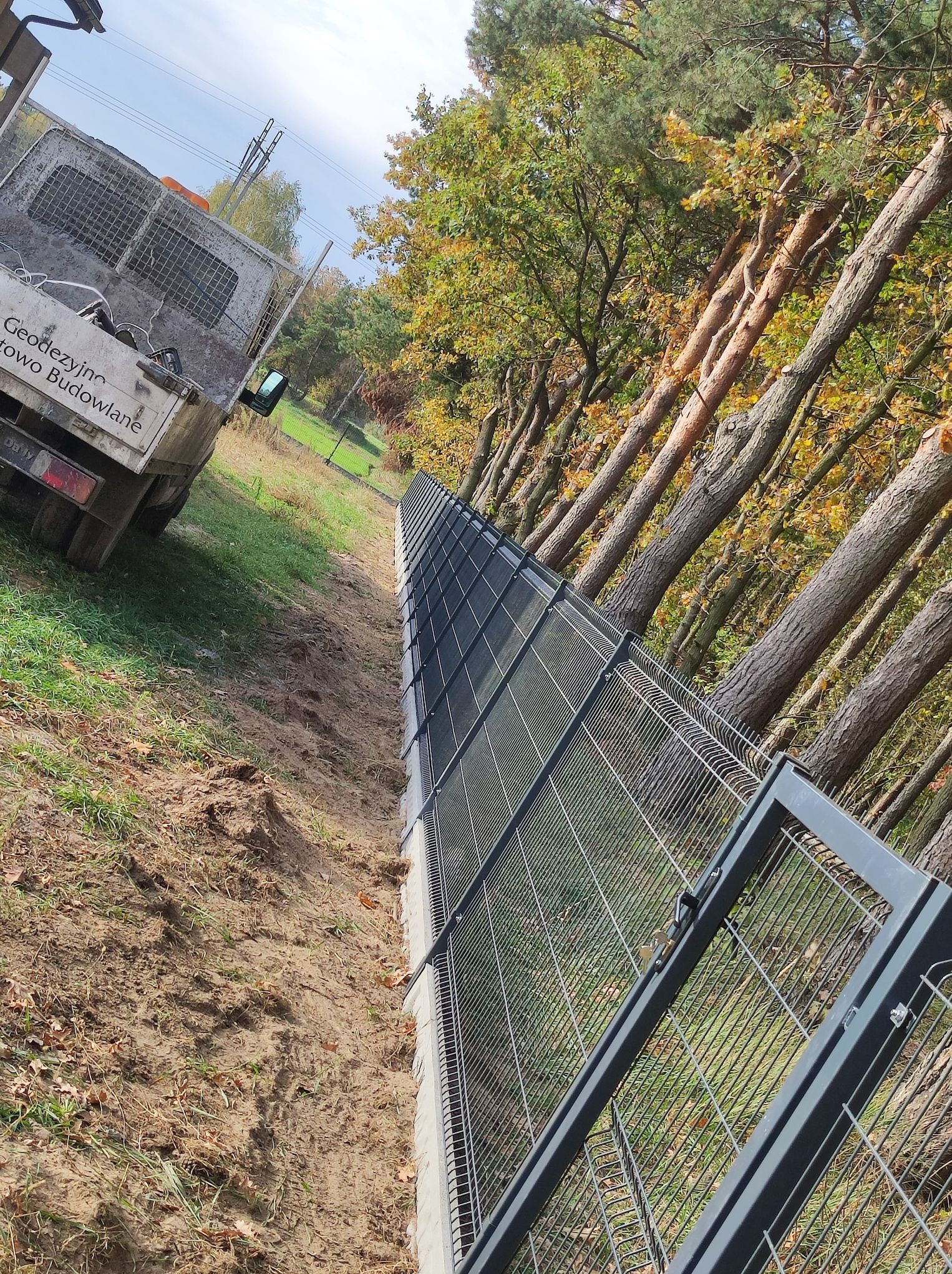 Nowo zamontowane szare ogrodzenie panelowe z furtką, biegnące wzdłuż granicy działki z młodym lasem, obok zaparkowany samochód dostawczy firmy geodezyjnej.