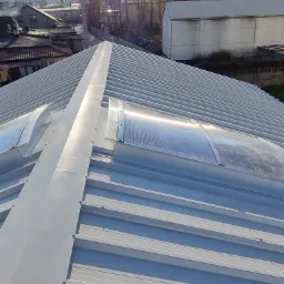 Widok z góry na dach z blachy trapezowej w kolorze jasnoszarym z dwoma świetlikami łukowymi, w tle budynki mieszkalne i przemysłowe.