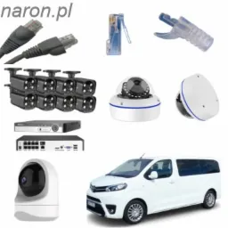 Kolaż przedstawiający sprzęt do monitoringu wizyjnego, w tym kamery kopułkowe, kamery tubowe, rejestratory oraz złączki sieciowe, uzupełniony o biały bus osobowy.