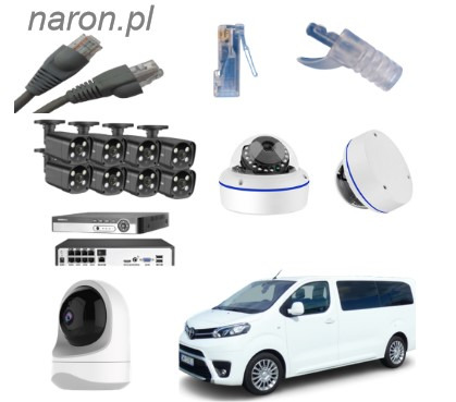Kolaż przedstawiający sprzęt do monitoringu wizyjnego, w tym kamery kopułkowe, kamery tubowe, rejestratory oraz złączki sieciowe, uzupełniony o biały bus osobowy.