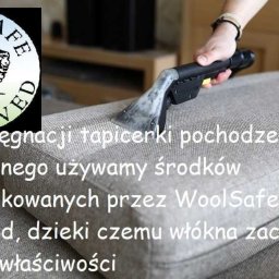 Czysta Sofa - Czyszczenie jasnoszarej tapicerki sofy za pomocą odkurzacza piorącego; widoczny certyfikat WoolSafe.