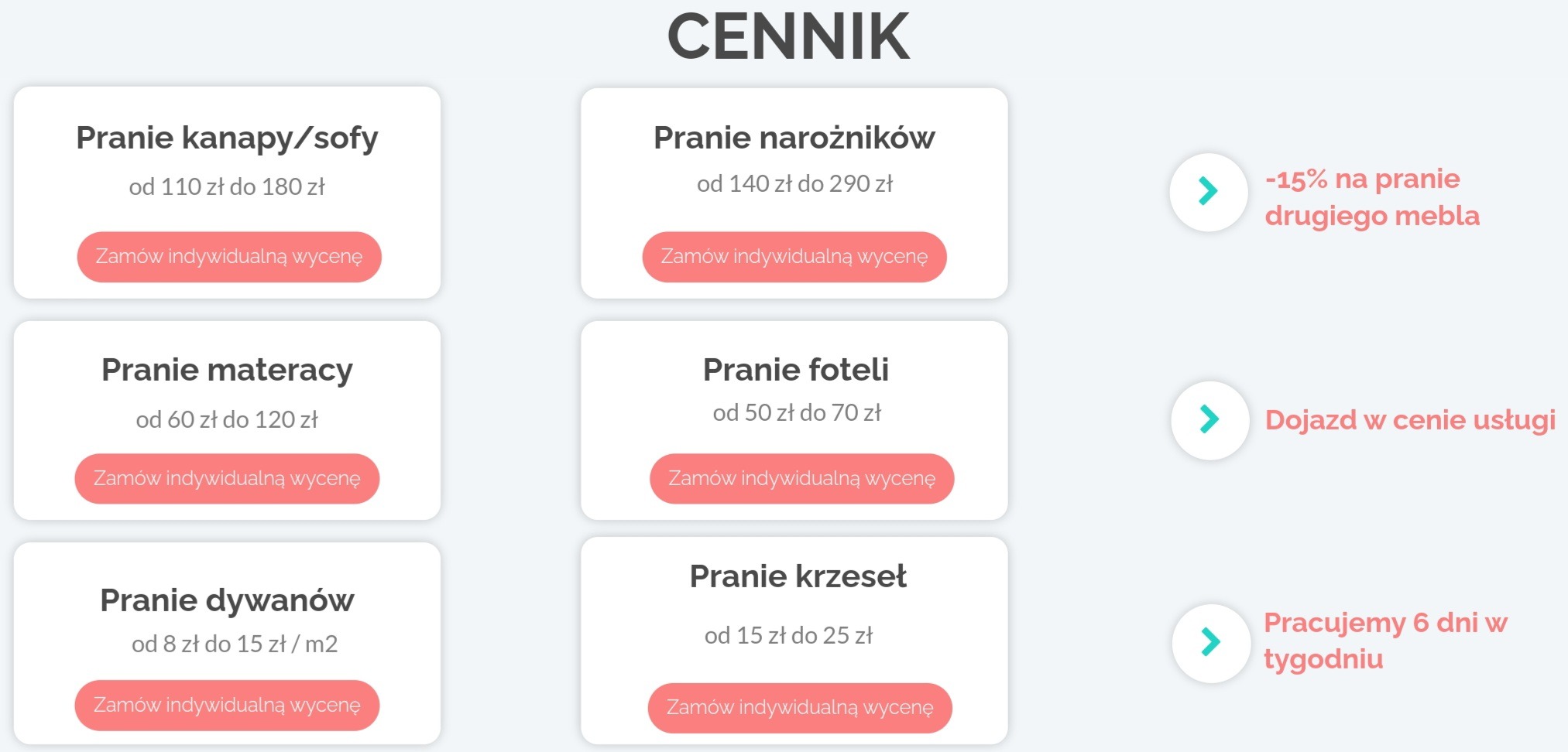 Cennik usług prania mebli tapicerowanych i dywanów, obejmujący pranie kanap, narożników, materacy, foteli, krzeseł i dywanów, z informacją o zniżce -15% na pranie drugiego mebla, dojeździe w cenie...