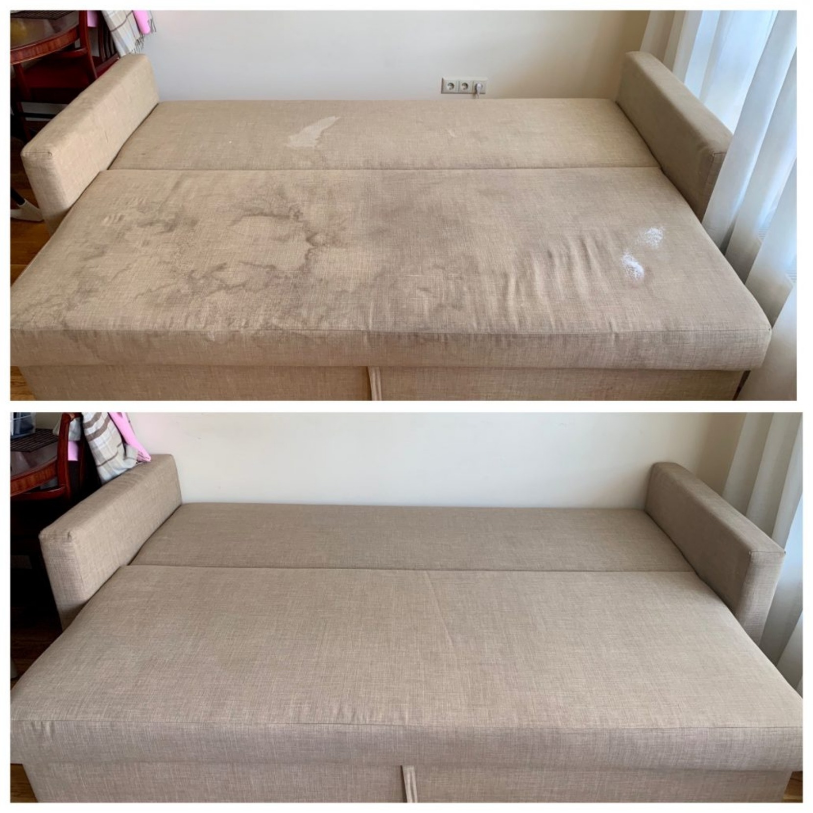 Dwa ujęcia tej samej rozłożonej, beżowej kanapy z tkaniny: u góry przed czyszczeniem z widocznymi plamami i zabrudzeniami, u dołu po czyszczeniu, bez plam.
