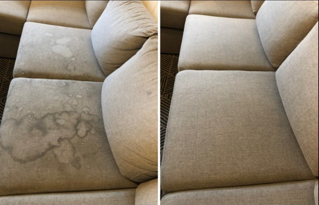 Porównanie fragmentu sofy modułowej przed i po czyszczeniu, z widocznymi plamami na lewej stronie i czystą, jednolitą powierzchnią po prawej.