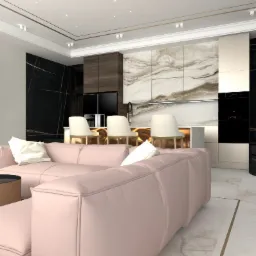 Nowoczesne wnętrze: różowa sofa modułowa na marmurowej podłodze z złotymi akcentami, otwarta kuchnia z marmurowym blatem i czarnymi frontami.