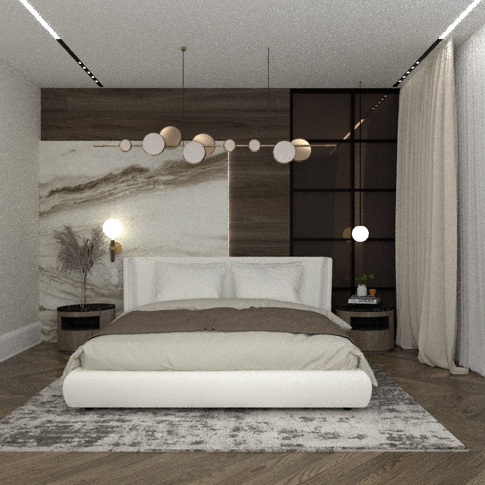 Nowoczesna sypialnia z białym łóżkiem, marmurową ścianą i designerską lampą wiszącą z okrągłych kloszy. Minimalistyczny wystrój z drewnianymi akcentami i dywanem w geometryczny wzór.