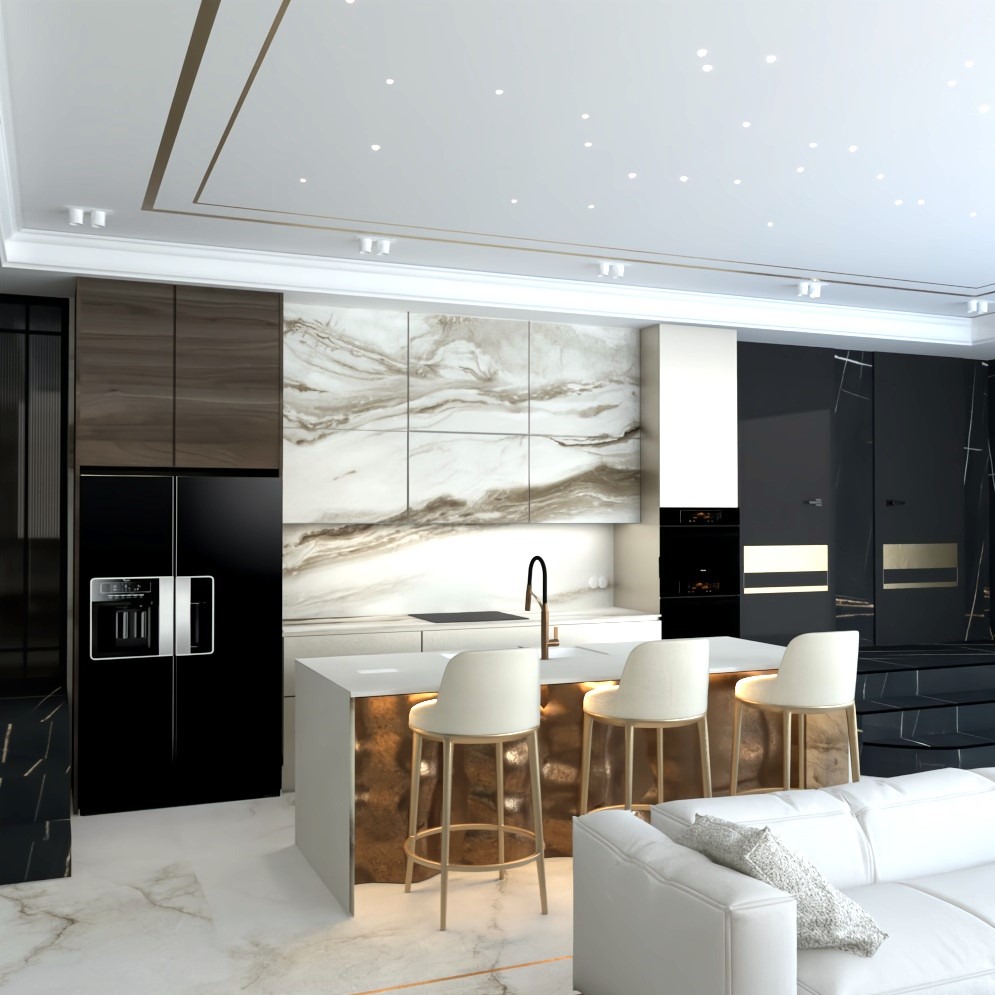 Elegancka kuchnia z wyspą i marmurowym blatem, oświetlona punktowymi lampami sufitowymi. Nowoczesny design z elementami złota i czerni. Widoczna część białej sofy.