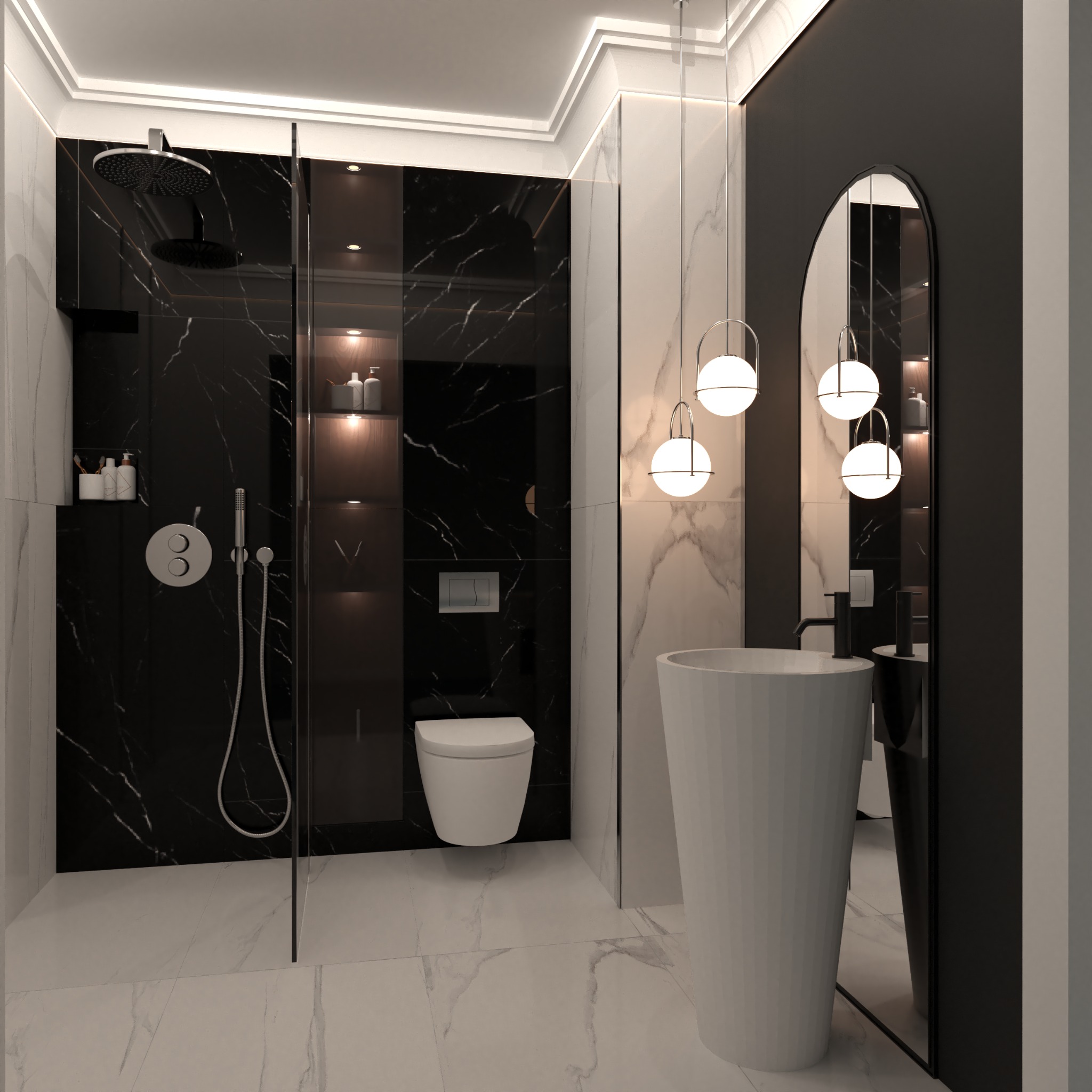 Nowoczesna łazienka w czerni i bieli z marmurowymi płytkami, kabiną prysznicową typu walk-in, wiszącą toaletą i umywalką wolnostojącą w kształcie tuby, oświetlona kulistymi lampami wiszącymi.