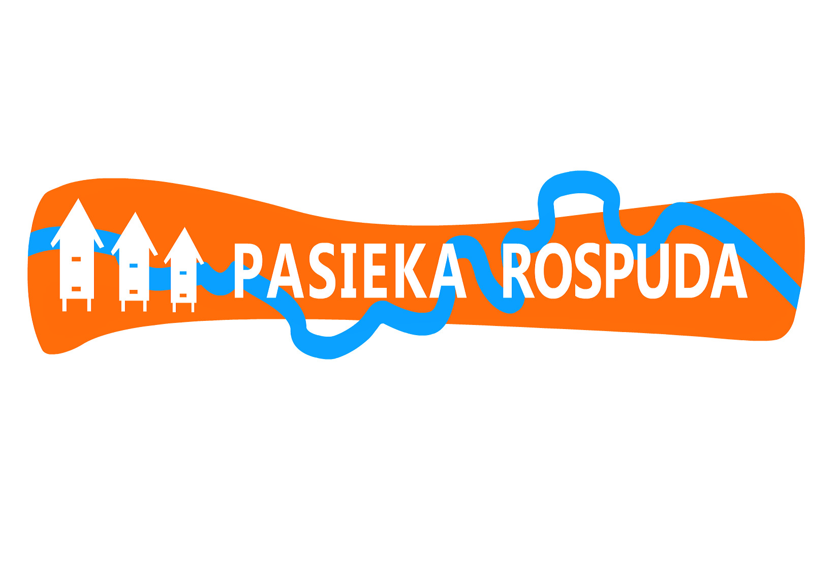 Graficzne logo pasieki o nazwie 'Pasieka Rospuda' z trzema białymi ulami i niebieską linią symbolizującą rzekę na pomarańczowym tle.
