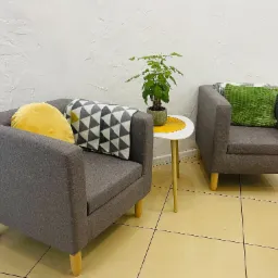 Dwa szare fotele z drewnianymi nogami, jeden z żółtą okrągłą poduszką i kocem w szare trójkąty, drugi z zieloną kwadratową poduszką, pomiędzy nimi stolik z rośliną w doniczce na żółtej podkładce...