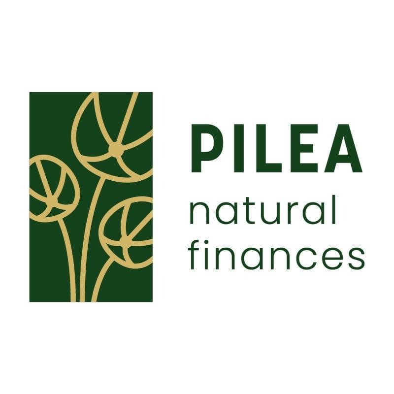 Logo firmy PILEA natural finances z zielonym kwadratem po lewej stronie, zawierającym złote kontury stylizowanych kwiatów.