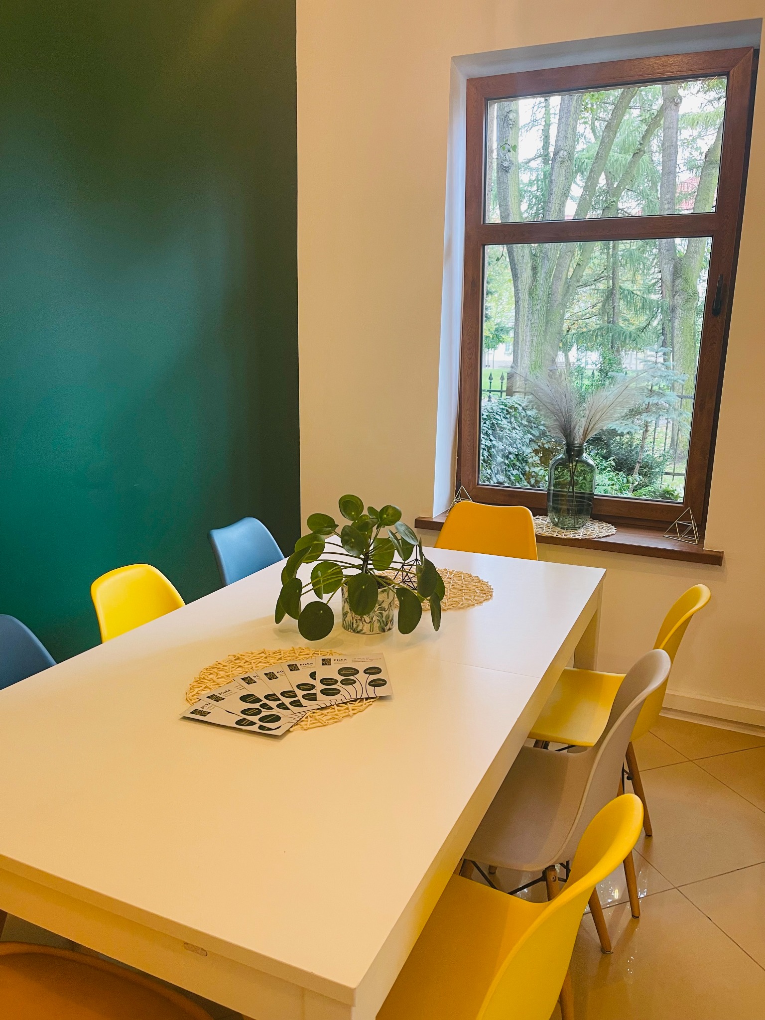 Jasne wnętrze biura z białym stołem, kolorowymi krzesłami, rośliną w doniczce i ulotkami na blacie, z widokiem na zieleń za oknem.