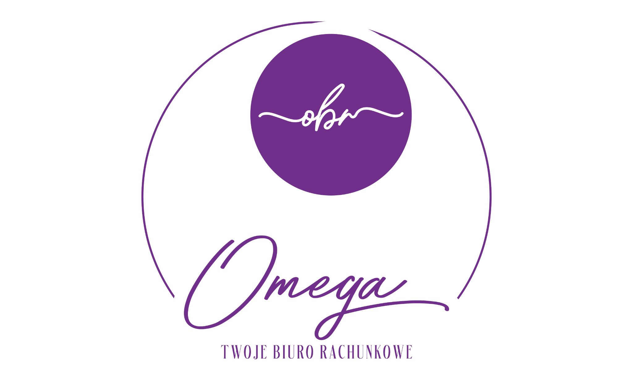 Eleganckie logo biura rachunkowego Omega w odcieniach fioletu, z nowoczesną typografią i okrągłym motywem, na białym tle.