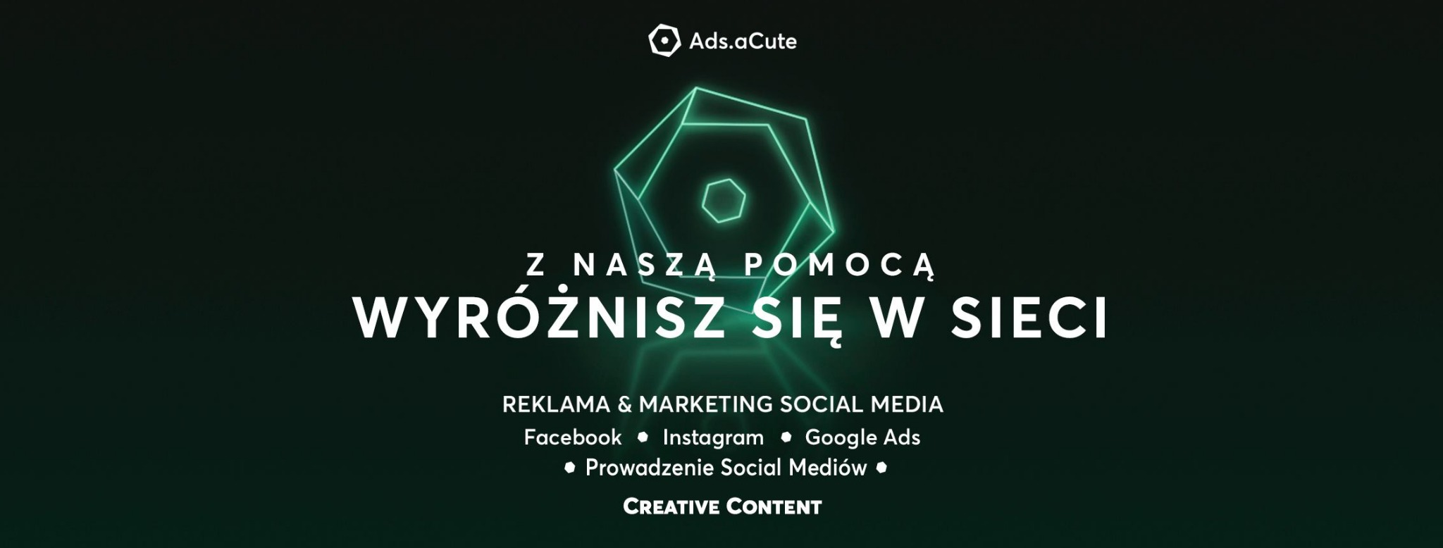 Neonowy, geometryczny symbol nad hasłem 'Z naszą pomocą wyróżnisz się w sieci', reklama i marketing social media, Facebook, Instagram, Google Ads, prowadzenie social mediów, creative content,...