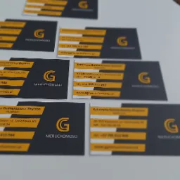 Wizytówki firmy z branży nieruchomości, czarno-żółte z logo 'G' i danymi kontaktowymi, ułożone na białym tle.