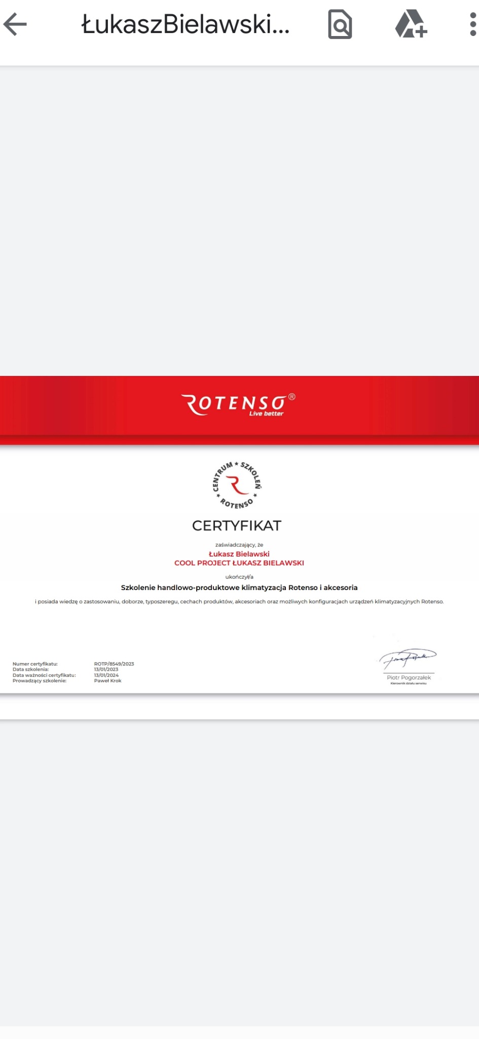 Certyfikat firmy Rotenso potwierdzający ukończenie szkolenia handlowo-produktowego z zakresu klimatyzacji i akcesoriów przez Łukasza Bielawskiego z Cool Project.