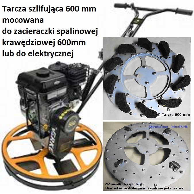 Zacieraczka do betonu z silnikiem spalinowym, widoczne tarcze szlifujące 600 mm, przeznaczone do zacieraczek spalinowych i elektrycznych.