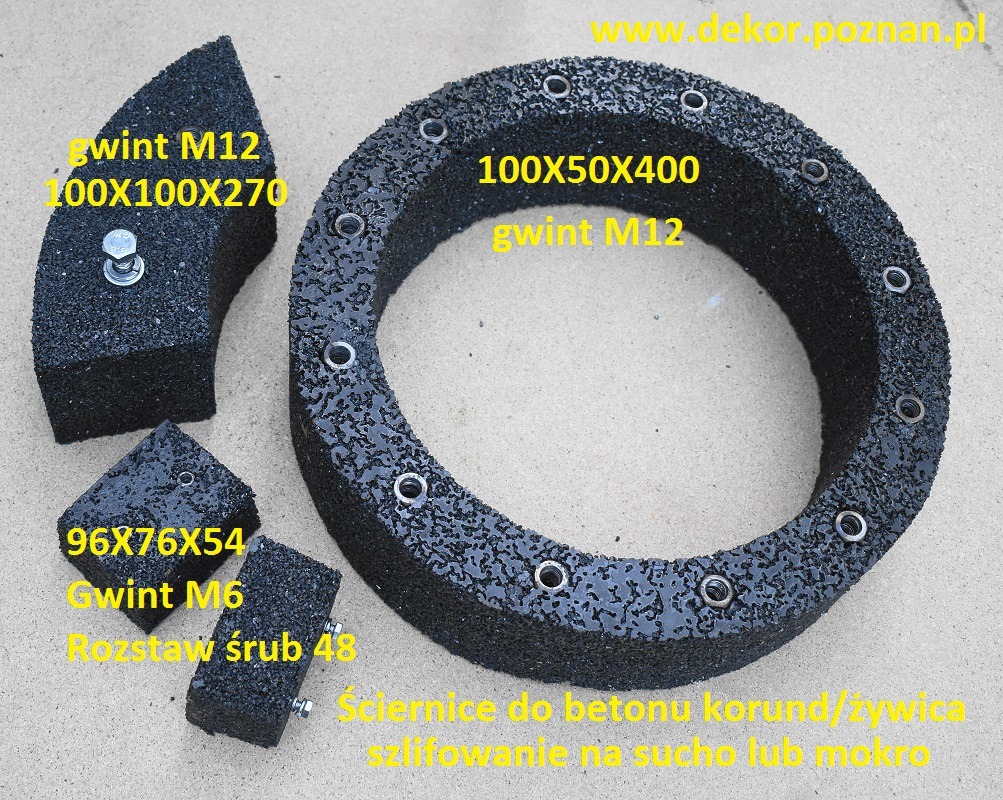 Zestaw szlifownic do betonu z korundu i żywicy, o różnych kształtach i rozmiarach (100x100x270, 100x50x400, 96x76x54), z gwintami M12 i M6, przeznaczonych do szlifowania na sucho lub mokro.