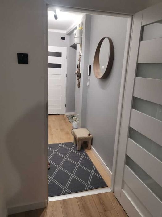 Szare wnętrze przedpokoju z drewnianą podłogą, dywanem w romby, okrągłym lustrem na ścianie i białymi drzwiami z przeszkleniami.