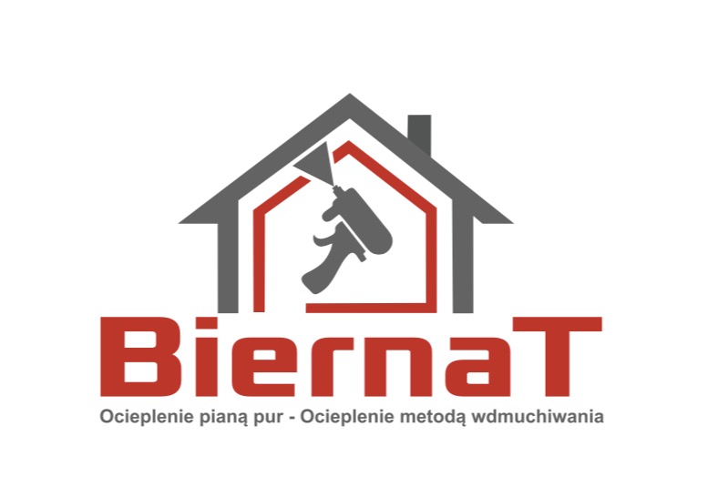 Logo firmy o nazwie BiernaT przedstawiające schematyczny dom z aplikatorem pianki PUR wewnątrz, z hasłem 'Ocieplenie pianą pur - Ocieplenie metodą wdmuchiwania'.