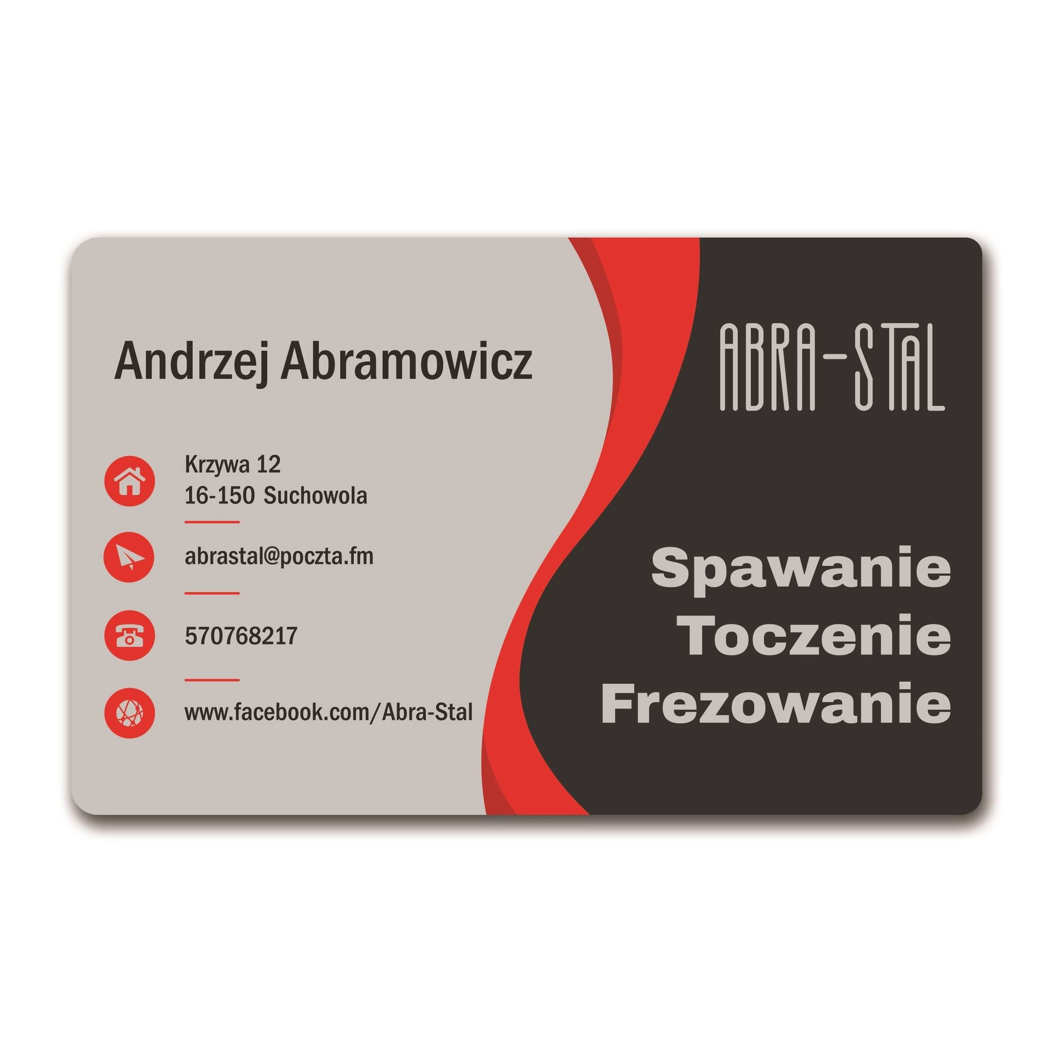 Wizytówka firmy Abra-Stal oferującej spawanie, toczenie i frezowanie metali, z danymi kontaktowymi: adres, e-mail, telefon i Facebook.