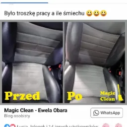 Tapicerka fotela samochodowego w dwóch ujęciach: po lewej stronie zabrudzona, po prawej wyczyszczona, z napisem 'Przed' i 'Po' oraz logo 'Magic Clean'.