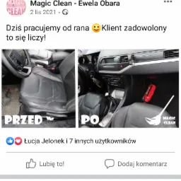 Wnętrze samochodu z czarną skórzaną tapicerką, widok 'przed' i 'po' czyszczeniu, prezentowany na zrzucie ekranu z Facebooka firmy Magic Clean - Ewela Obara.